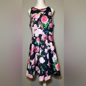 Betsey Johnson Pink Blue Green Rose Flower Floral Fit & Flare Dress Spring 14 🌸